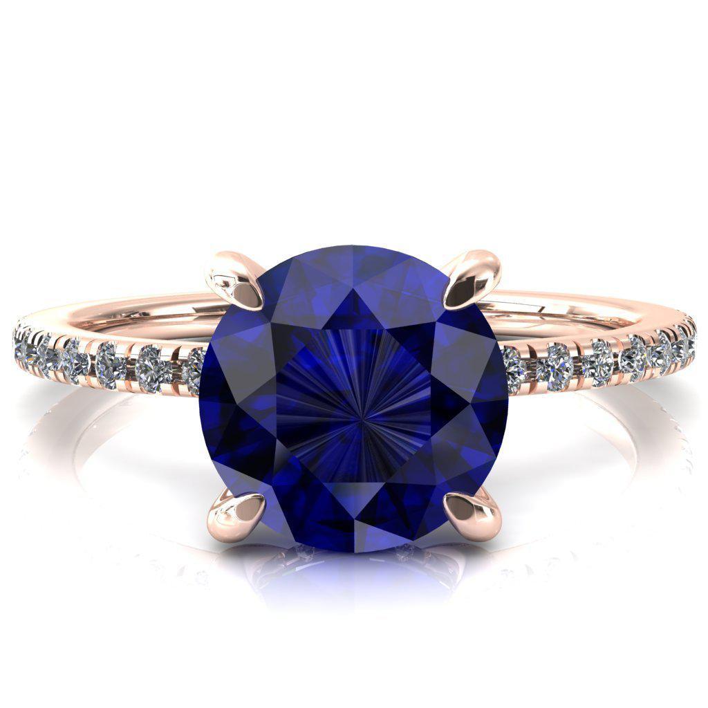 Mayeli Round Blue Sapphire 4 Claw Prong Micro Pave Diamond Sides Engagement Ring-FIRE & BRILLIANCE
