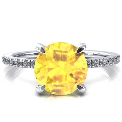 Mayeli Round Yellow Sapphire 4 Claw Prong Micro Pave Diamond Sides Engagement Ring-FIRE & BRILLIANCE