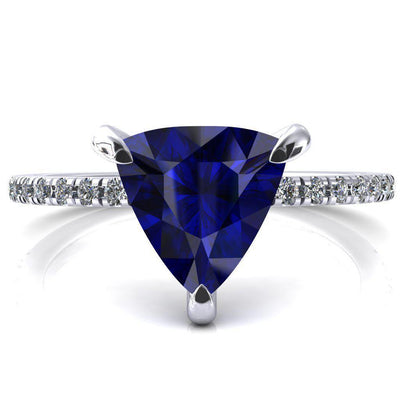 Mayeli Trillion Blue Sapphire 3 Claw Prong Micro Pave Diamond Sides Engagement Ring-FIRE & BRILLIANCE