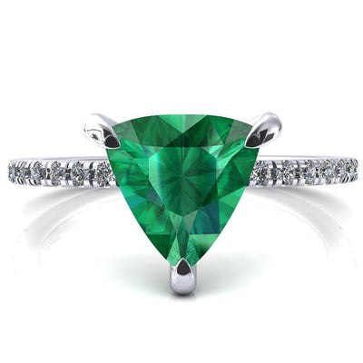 Mayeli Trillion Emerald 3 Claw Prong Micro Pave Diamond Sides Engagement Ring-FIRE & BRILLIANCE