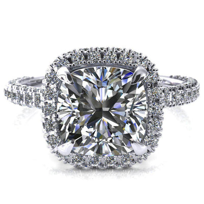 Mckinley Cushion Moissanite 4 Claw Prong Halo 3/4 Eternity 3 Sided Diamond Shank Engagement Ring-Custom-Made Jewelry-Fire & Brilliance ®