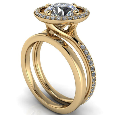Melanie Round Moissanite Diamond Halo and Shoulders Ring-Custom-Made Jewelry-Fire & Brilliance ®