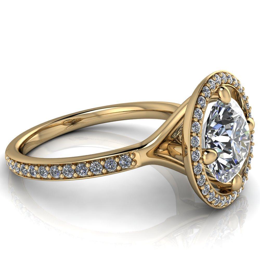 Melanie Round Moissanite Diamond Halo and Shoulders Ring-Custom-Made Jewelry-Fire & Brilliance ®