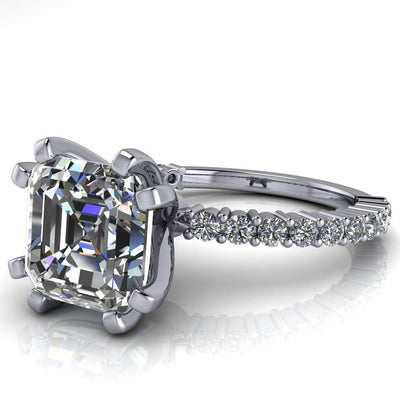 Melina Asscher Moissanite 8 Prong Shared Prong Shank Engagement Ring-Custom-Made Jewelry-Fire & Brilliance ®