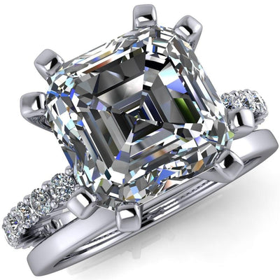 Melina Asscher Moissanite 8 Prong Shared Prong Shank Engagement Ring-Custom-Made Jewelry-Fire & Brilliance ®