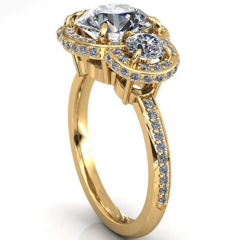 Melissa 9mm Round Moissanite 3 Stone Triple Halo Diamond Accent 14K Yellow Ring-FIRE & BRILLIANCE