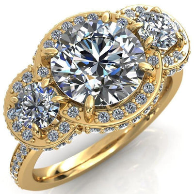 Melissa 9mm Round Moissanite 3 Stone Triple Halo Diamond Accent 14K Yellow Ring-FIRE & BRILLIANCE