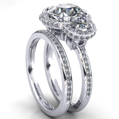 Melissa Round Moissanite 3 Stone Triple Halo Diamond Accent Ring-Custom-Made Jewelry-Fire & Brilliance ®