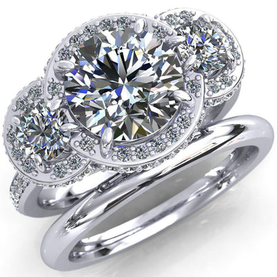 Melissa Round Moissanite 3 Stone Triple Halo Diamond Accent Ring-Custom-Made Jewelry-Fire & Brilliance ®