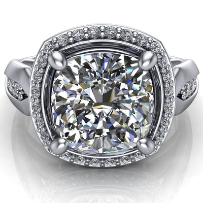 Melody Cushion Moissanite Posh Cathedral Diamond Halo 4 Prong Engagement Ring-Custom-Made Jewelry-Fire & Brilliance ®