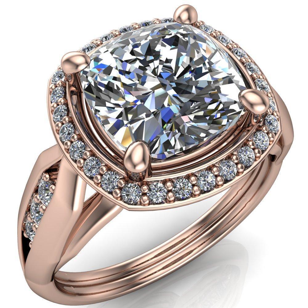 Melody Cushion Moissanite Posh Cathedral Diamond Halo 4 Prong Engagement Ring-Custom-Made Jewelry-Fire & Brilliance ®