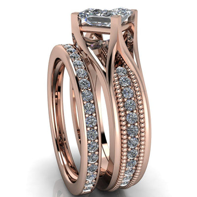 Mercuri Princess/Square Moissanite Split Shank Diamond Channel Milgrain Ring-Custom-Made Jewelry-Fire & Brilliance ®