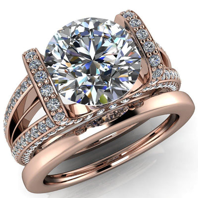Merilee Round Moissanite Split Shank Diamond Encrusted Engagement Ring-Custom-Made Jewelry-Fire & Brilliance ®
