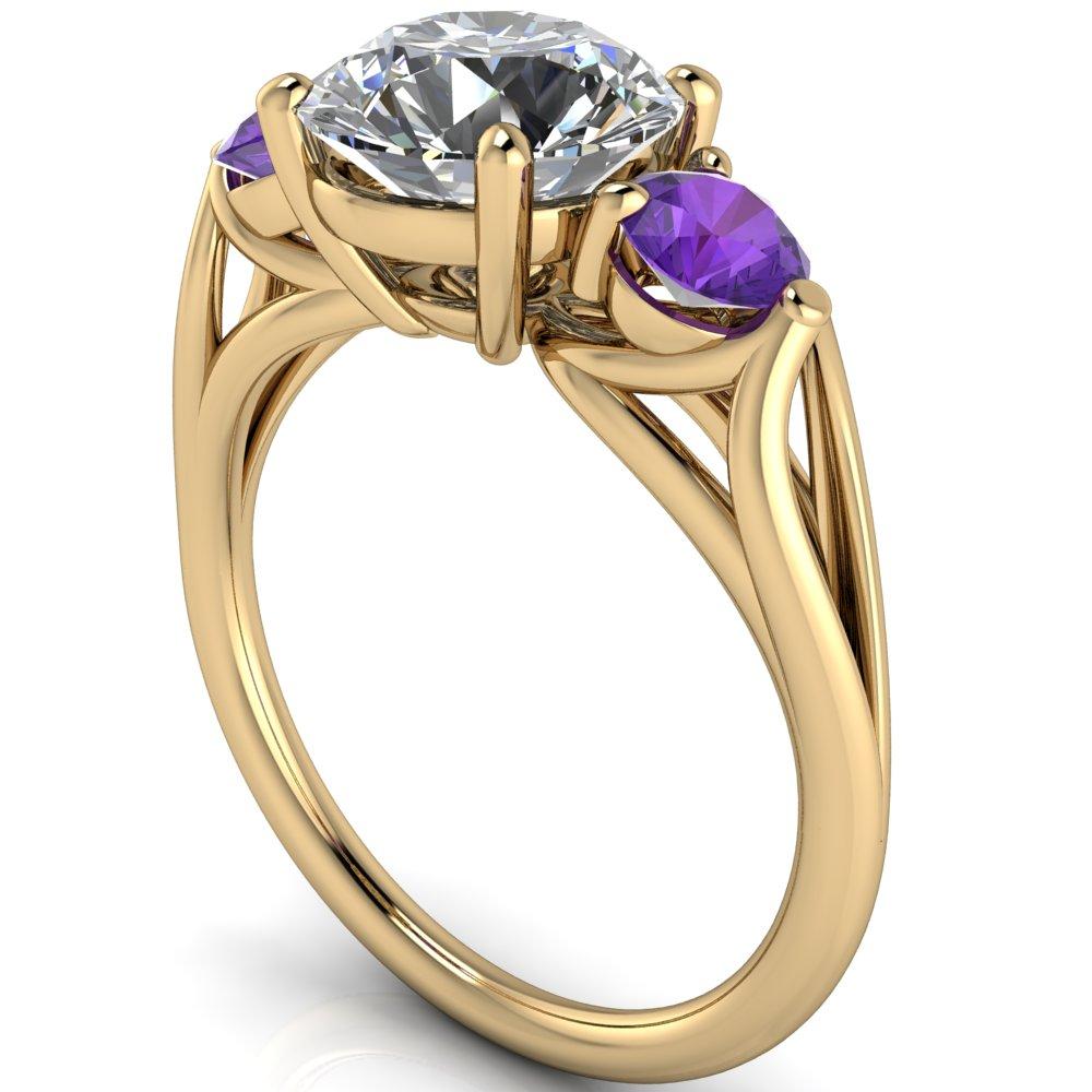 Mira Round Moissanite Amethyst Side Split Shank Cathedral Hybrid Engagement Ring-Custom-Made Jewelry-Fire & Brilliance ®