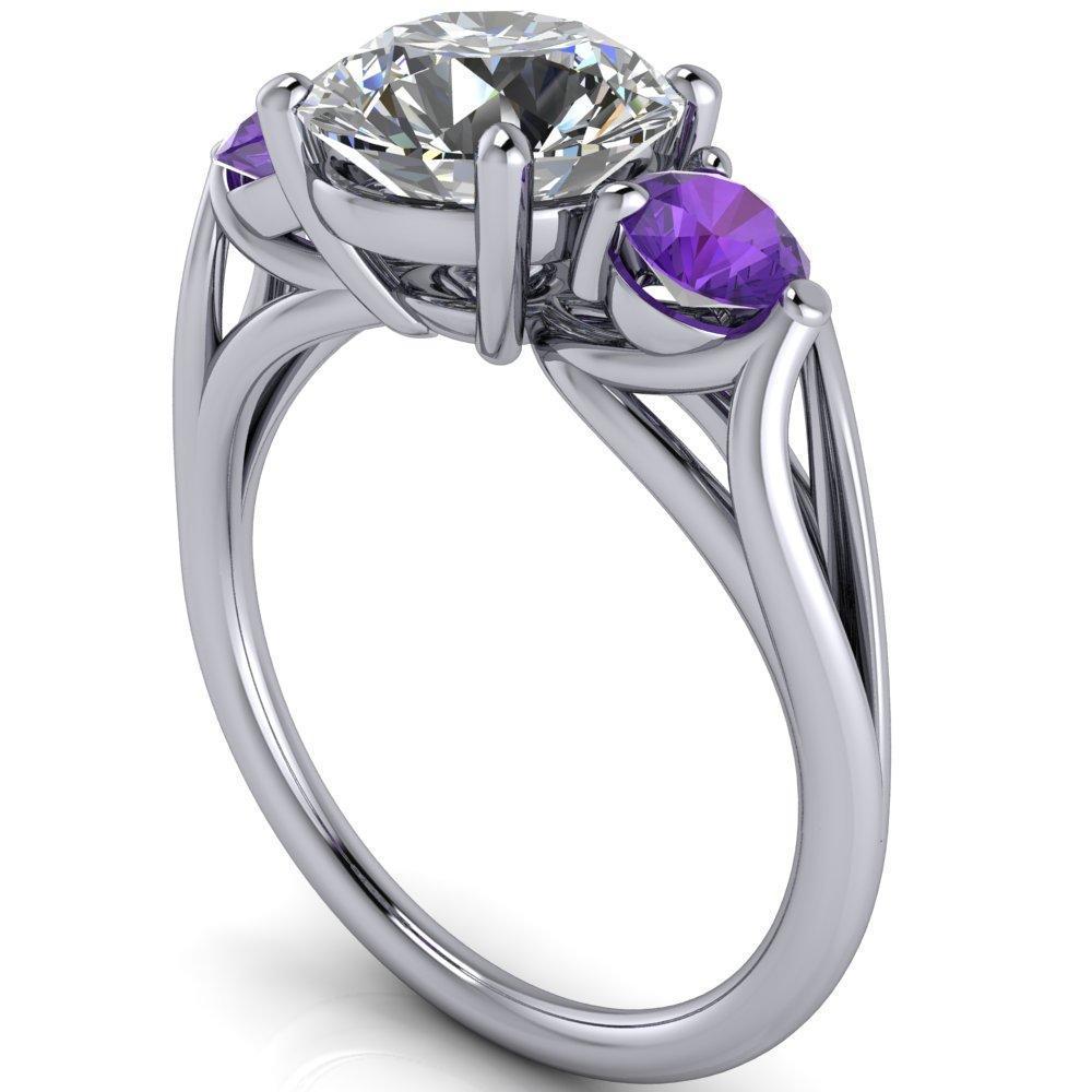 Mira Round Moissanite Amethyst Side Split Shank Cathedral Hybrid Engagement Ring-Custom-Made Jewelry-Fire & Brilliance ®