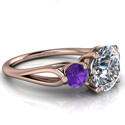 Mira Round Moissanite Amethyst Side Split Shank Cathedral Hybrid Engagement Ring-Custom-Made Jewelry-Fire & Brilliance ®