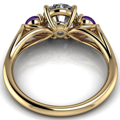 Mira Round Moissanite Amethyst Side Split Shank Cathedral Hybrid Engagement Ring-Custom-Made Jewelry-Fire & Brilliance ®