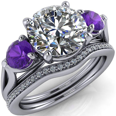 Mira Round Moissanite Amethyst Side Split Shank Cathedral Hybrid Engagement Ring-Custom-Made Jewelry-Fire & Brilliance ®