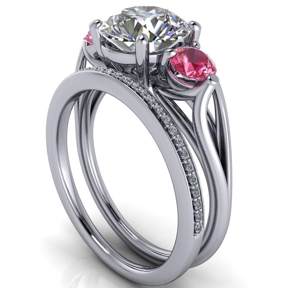 Mira Round Moissanite Pink Sapphire Side Split Shank Cathedral Hybrid Engagement Ring-Custom-Made Jewelry-Fire & Brilliance ®