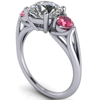 Mira Round Moissanite Pink Sapphire Side Split Shank Cathedral Hybrid Engagement Ring-Custom-Made Jewelry-Fire & Brilliance ®