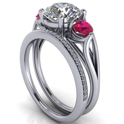 Mira Round Moissanite Ruby Side Split Shank Cathedral Hybrid Engagement Ring-Custom-Made Jewelry-Fire & Brilliance ®