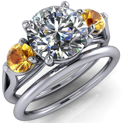 Mira Round Moissanite Yellow Sapphire Side Split Shank Cathedral Hybrid Engagement Ring-Custom-Made Jewelry-Fire & Brilliance ®