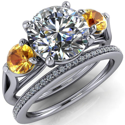 Mira Round Moissanite Yellow Sapphire Side Split Shank Cathedral Hybrid Engagement Ring-Custom-Made Jewelry-Fire & Brilliance ®