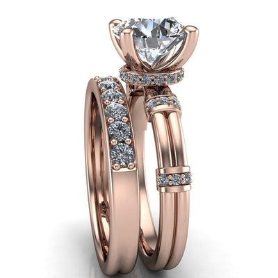 Miya Round Moissanite Double Diamond Shoulders and Diamond Collar 4 Prong Ring-Custom-Made Jewelry-Fire & Brilliance ®