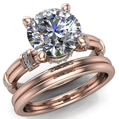 Miya Round Moissanite Double Diamond Shoulders and Diamond Collar 4 Prong Ring-Custom-Made Jewelry-Fire & Brilliance ®