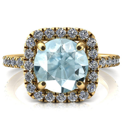 Molly Round Aqua Blue Spinel Halo 4 Prong 3/4 Diamond Eternity Engagement Ring-FIRE & BRILLIANCE