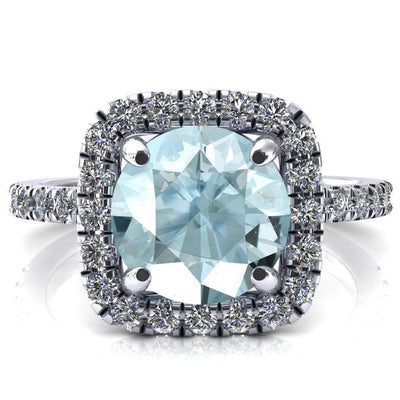 Molly Round Aqua Blue Spinel Halo 4 Prong 3/4 Diamond Eternity Engagement Ring-FIRE & BRILLIANCE