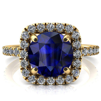 Molly Round Blue Sapphire Halo 4 Prong 3/4 Diamond Eternity Engagement Ring-FIRE & BRILLIANCE