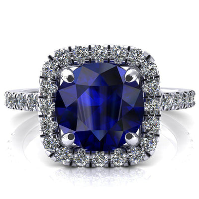 Molly Round Blue Sapphire Halo 4 Prong 3/4 Diamond Eternity Engagement Ring-FIRE & BRILLIANCE