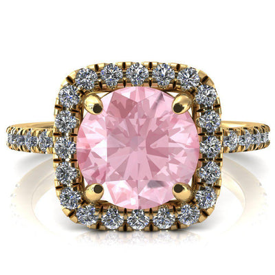 Molly Round Pink Sapphire Halo 4 Prong 3/4 Diamond Eternity Engagement Ring-FIRE & BRILLIANCE