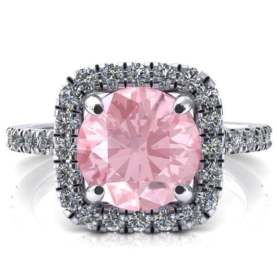 Molly Round Pink Sapphire Halo 4 Prong 3/4 Diamond Eternity Engagement Ring-FIRE & BRILLIANCE