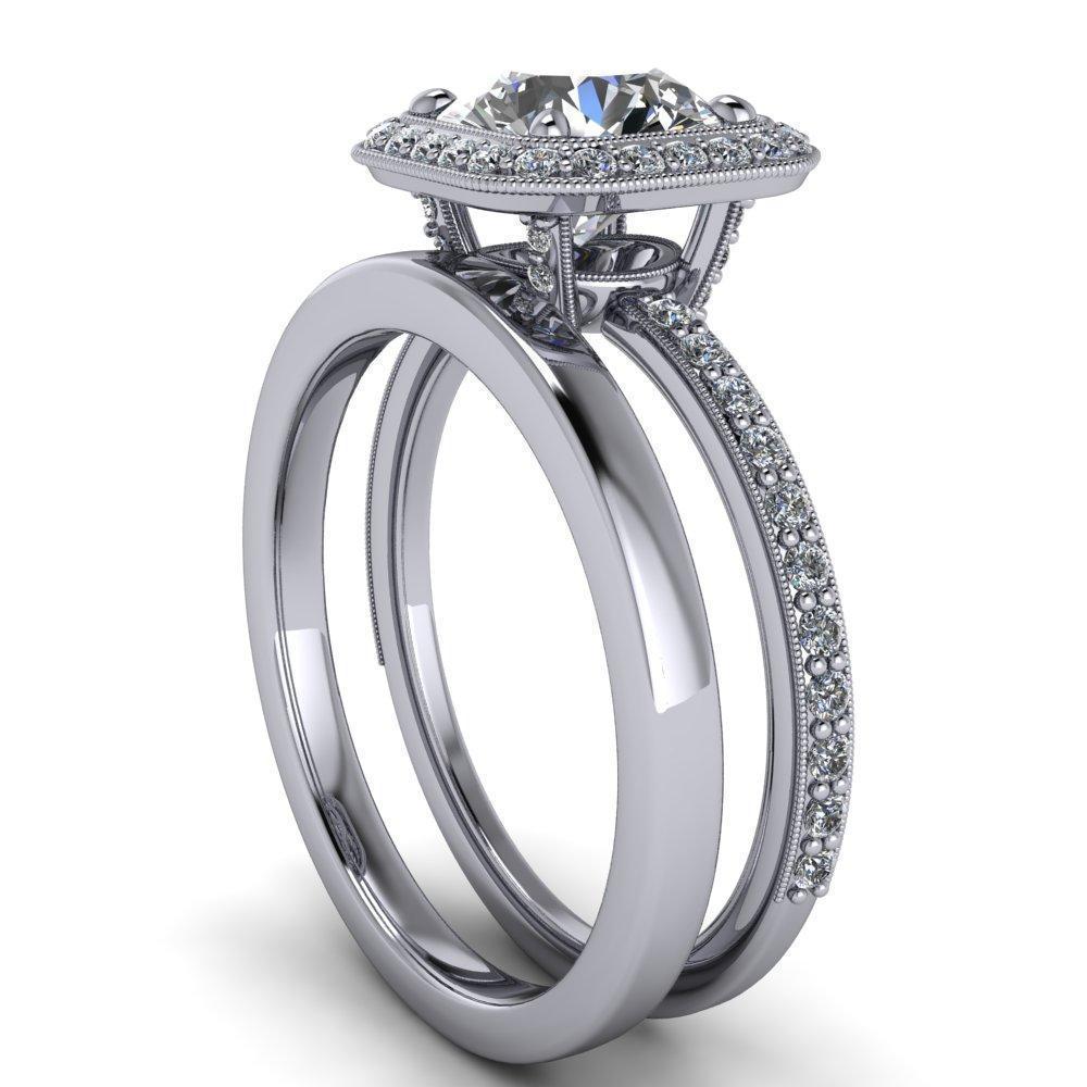 Monica Round Moissanite with Cushion Diamond Halo Milgrain Ring-Custom-Made Jewelry-Fire & Brilliance ®