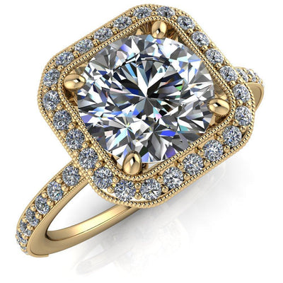 Monica Round Moissanite with Cushion Diamond Halo Milgrain Ring-Custom-Made Jewelry-Fire & Brilliance ®