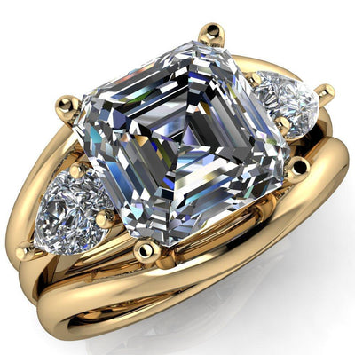 Monteith Asscher Moissanite 4 Prong Pear Side Engagement Ring-Custom-Made Jewelry-Fire & Brilliance ®