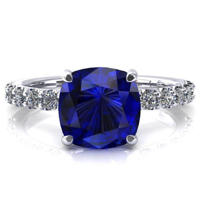 Mylene Cushion Blue Sapphire 4 Prong Sculptural Half Eternity Diamond Engagement Ring-FIRE & BRILLIANCE