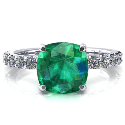 Mylene Cushion Emerald 4 Prong Sculptural Half Eternity Diamond Engagement Ring-FIRE & BRILLIANCE