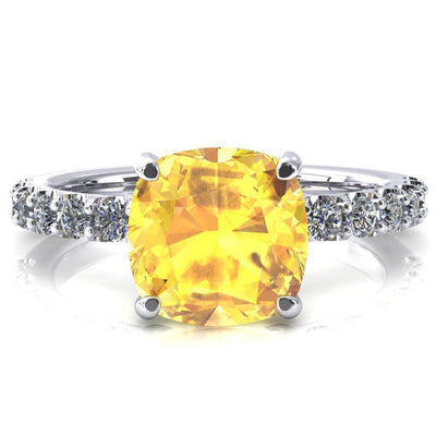 Mylene Cushion Yellow Sapphire 4 Prong Sculptural Half Eternity Diamond Engagement Ring-FIRE & BRILLIANCE