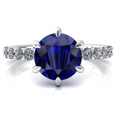 Mylene Round Blue Sapphire 6 Prong Sculptural Half Eternity Diamond Engagement Ring-FIRE & BRILLIANCE