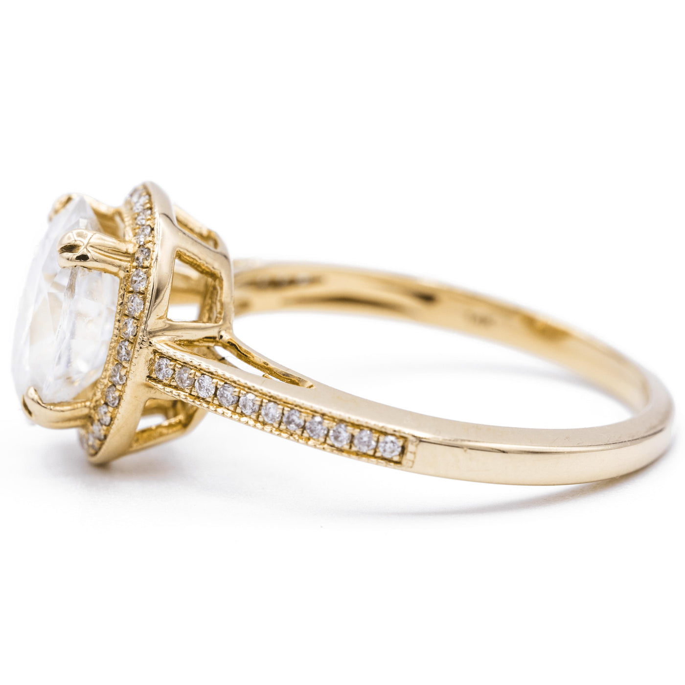 Mystical 9x7mm Oval Moissanite and Diamond Double 4 Prong Milgrain Shank Ring - 14K Yellow Gold-Fire & Brilliance ® Creative Designs-Fire & Brilliance ®