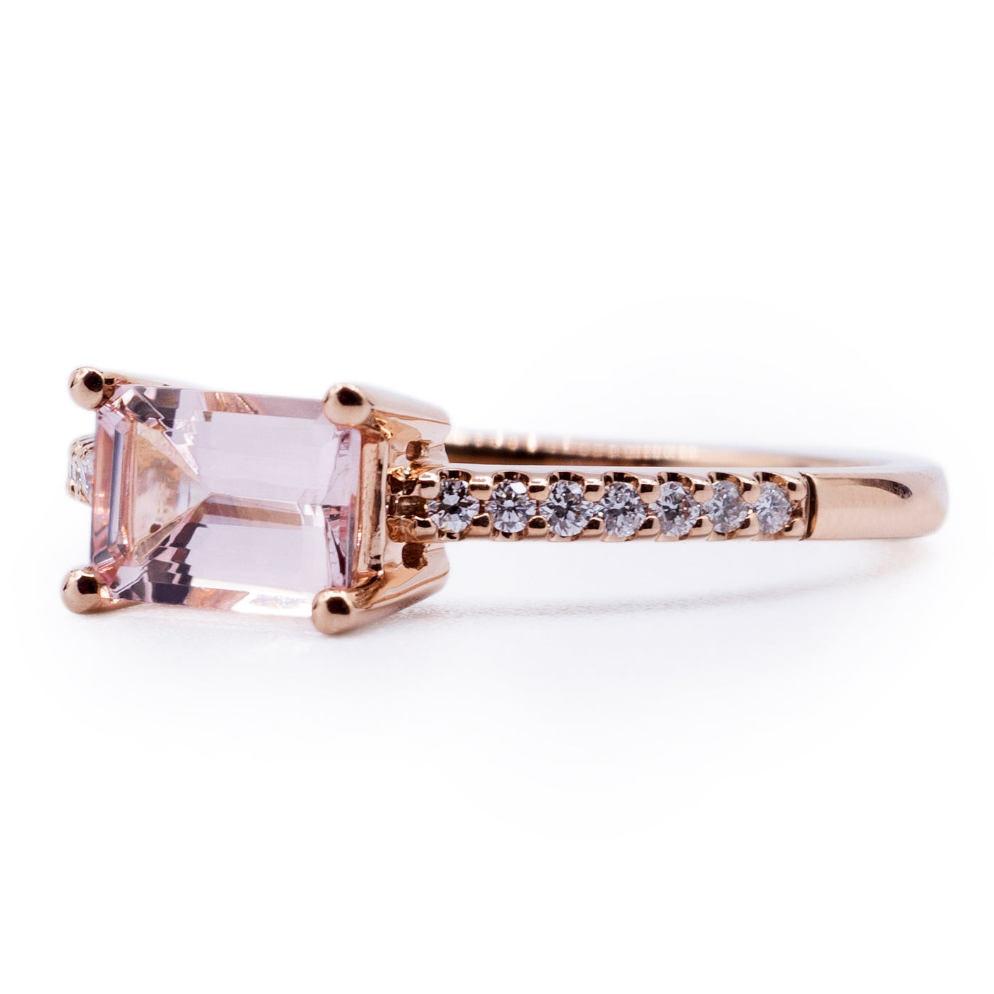 Emerald Cut Morganite East West Setting with Diamond Accented Shank