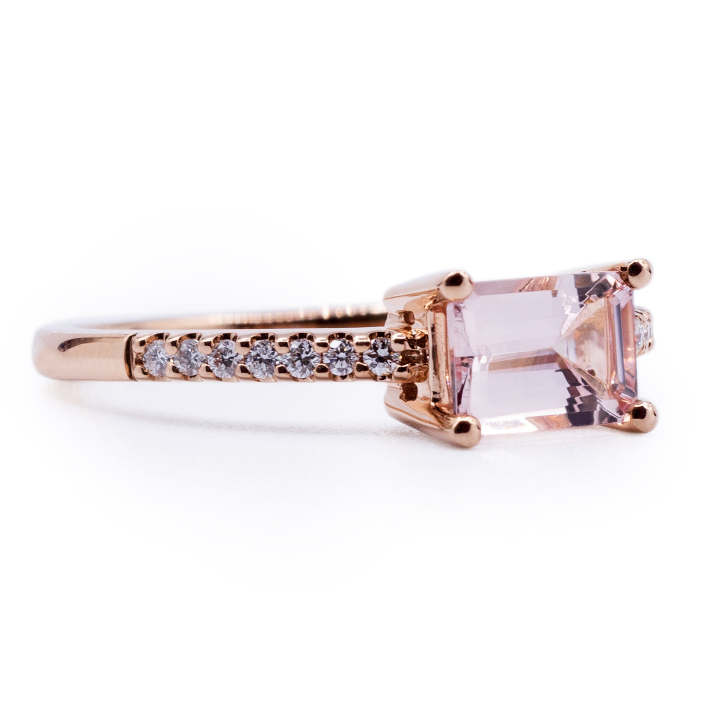 Emerald Cut Morganite East West Setting with Diamond Accented Shank