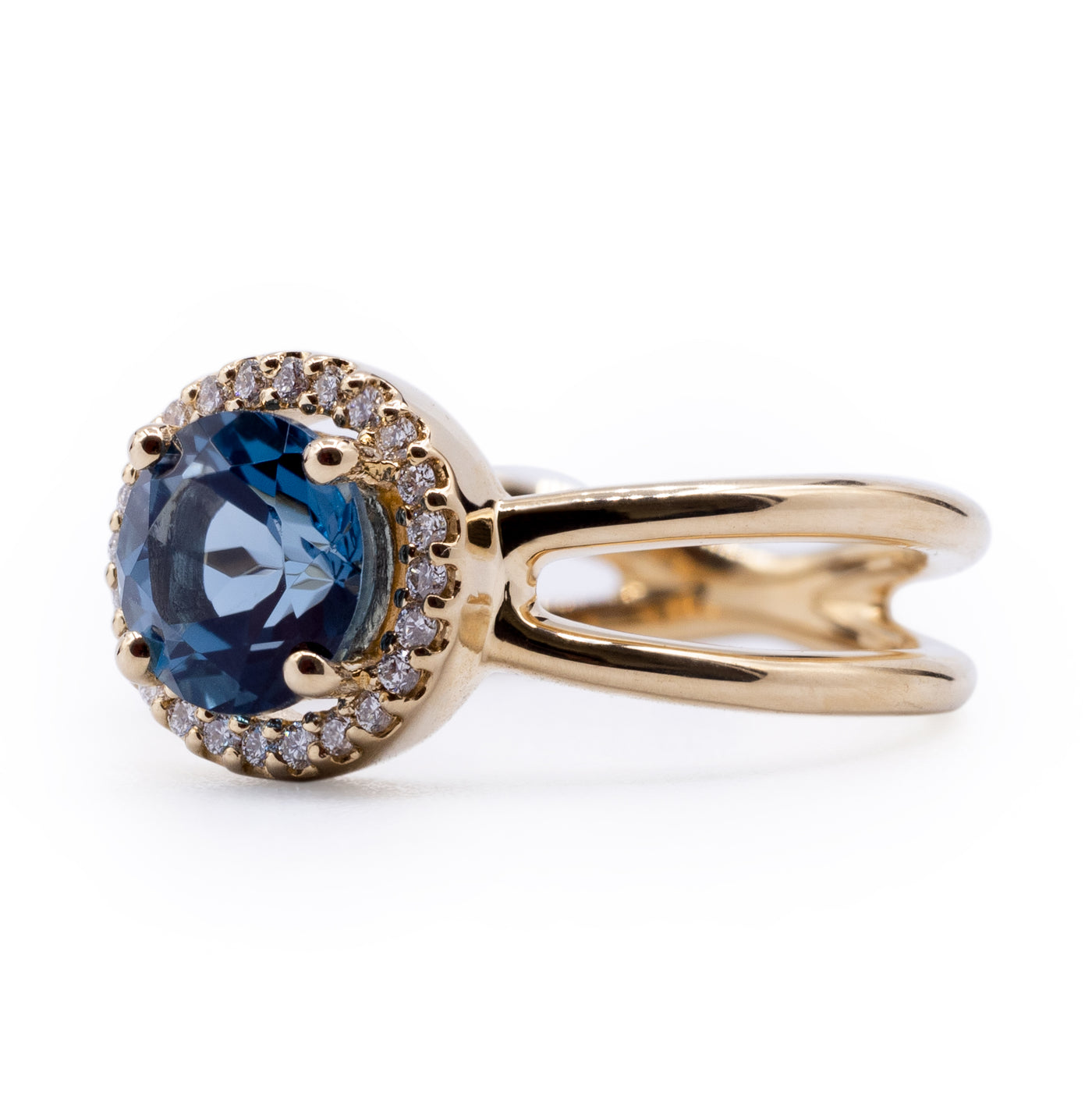 Round London Blue Topaz Setting with Diamond Accented Halo and Criss Cross Shank Ring