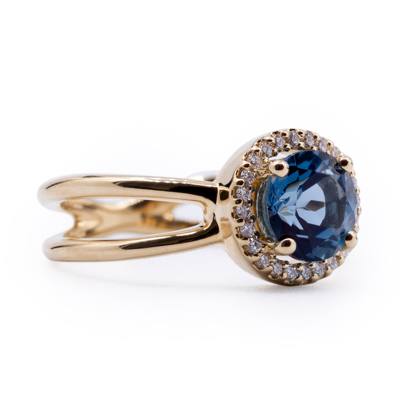 Round London Blue Topaz Setting with Diamond Accented Halo and Criss Cross Shank Ring