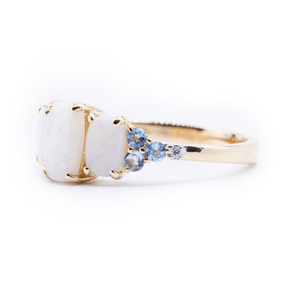 Natural White Opal with Swiss Blue Topaz & Diamond 3 Stone Ring