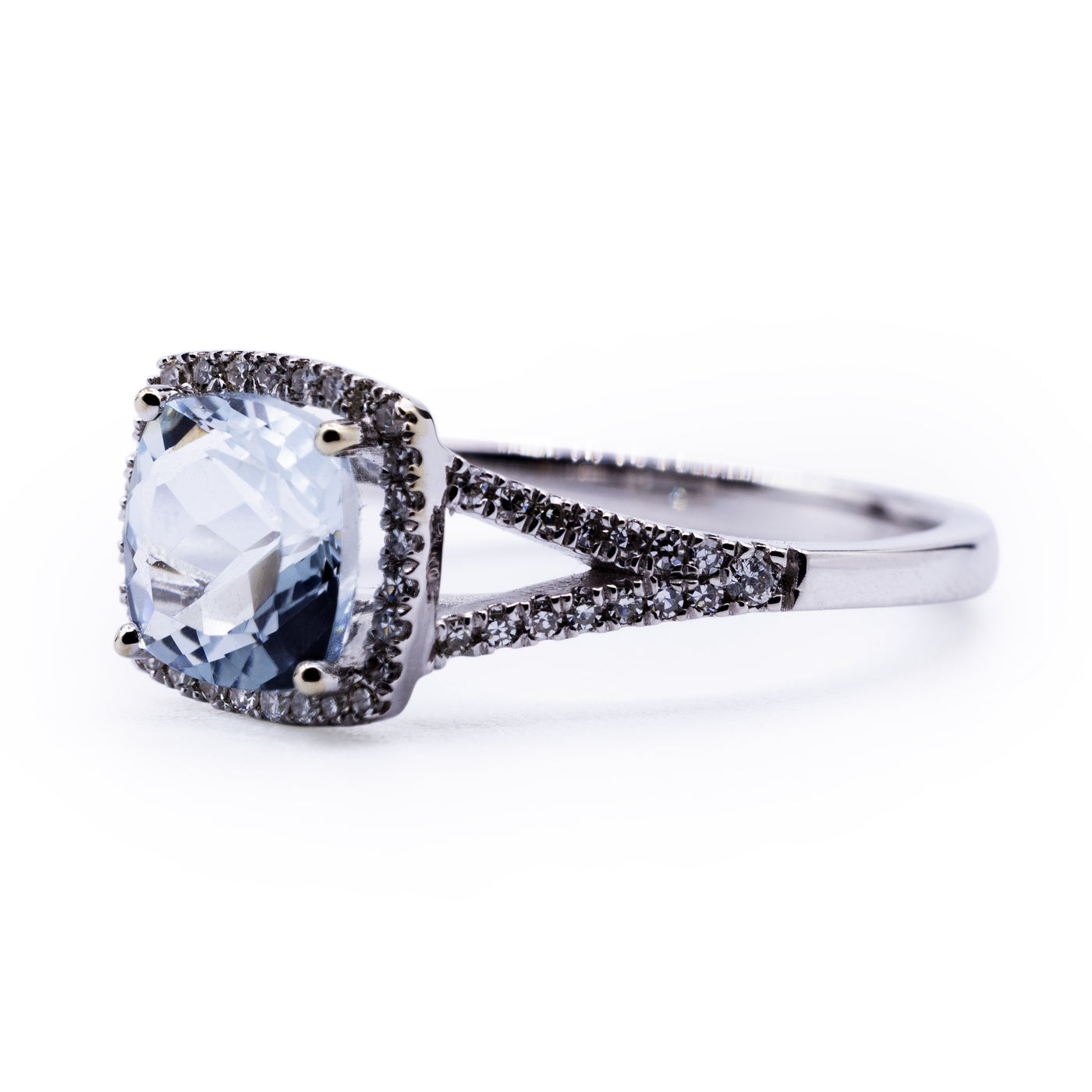 Cushion Natural Aquamarine Setting with Diamond Accented Halo and Split Shank Ring
