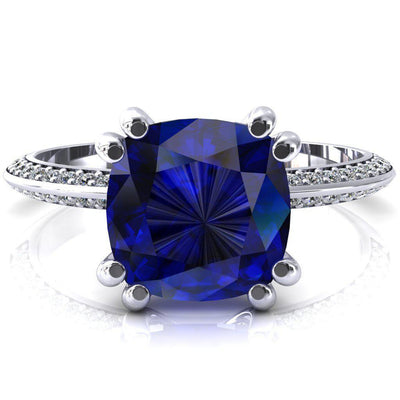 Nancy Cushion Blue Sapphire 4 Double Prong 1/2 Eternity Diamond Knife Shank Accent Engagement Ring-FIRE & BRILLIANCE